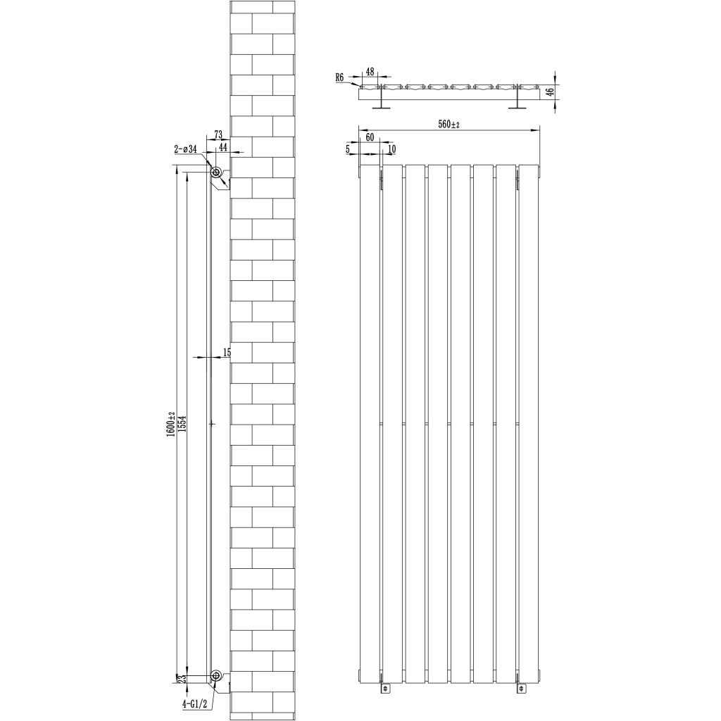 Radiatore Verticale Design Piatto Colonna Singola Antracite 1600x560 mm