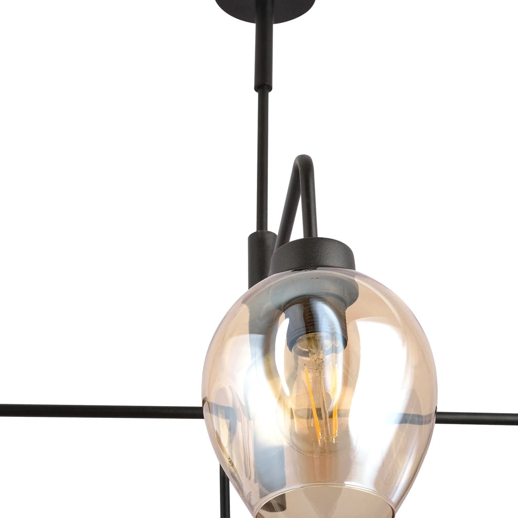 Lampadario Moderno 4 Luci Auriga In Accaio Nero E Vetro Ambra