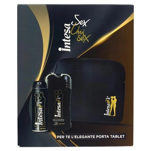 INTESA SEX UNISEX CONFEZIONE REGALO GEL DOCCIA SHAMPOO 250ML, PARFUM DEODORANT 125 ML DEEP NIGHT, ELEGANTE PORTA TABLET REGALO