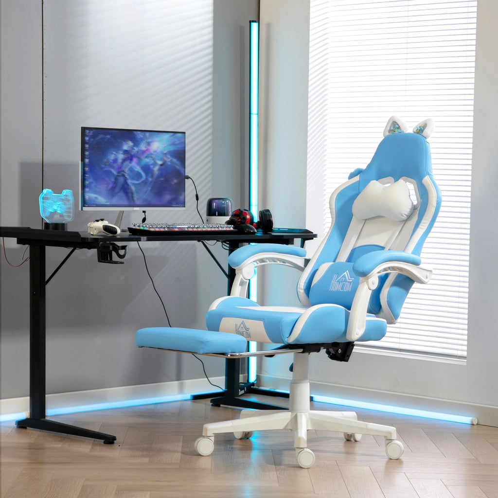 Sedia da Gaming Reclinabile con Poggiapiedi e Cuscini, in Finta Pelle e Spugna, 65x62x116-124 cm, Bianco e Rosa