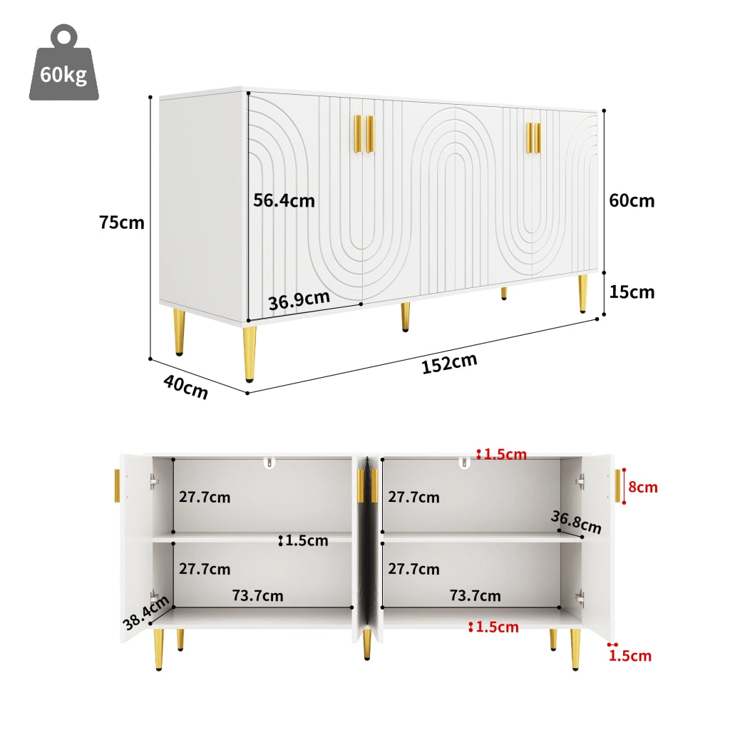 Credenza moderna bianca in MDF con design ondulato, struttura capiente e sistema antiribaltamento