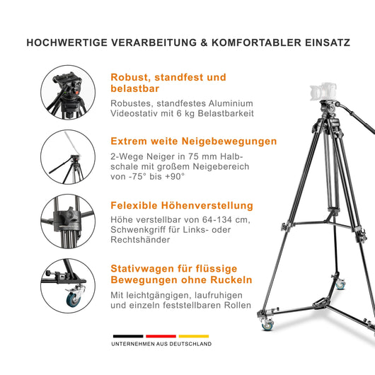 Walimex Pro Treppiede EI-9901 Video Pro con carrello WT-600 (altezza massima 138 cm, testa panoramica video, divaricatore centrale, capacità di carico 6 kg e borsa per treppiede), nero