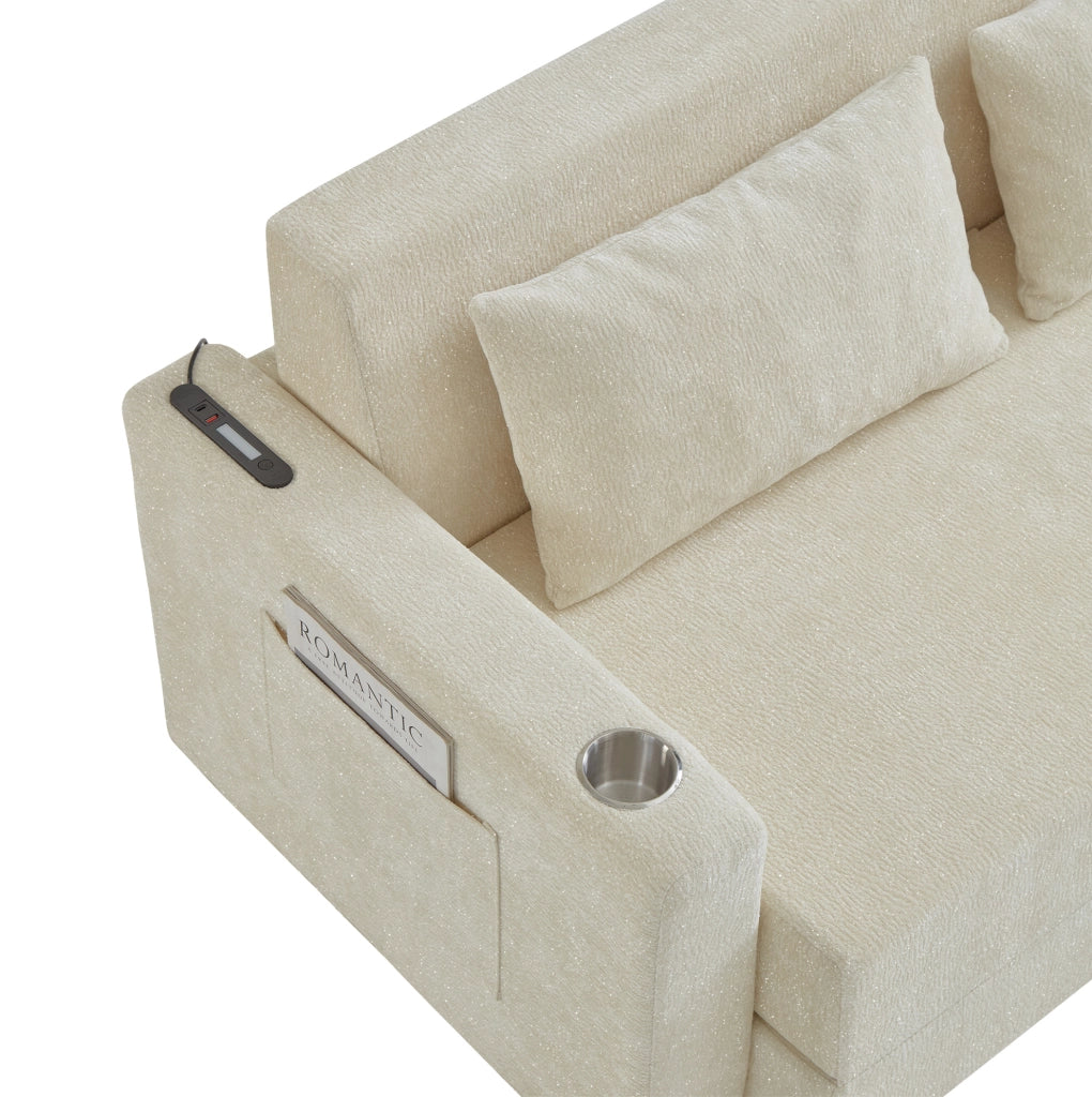 Divano letto 2 posti pieghevole con USB; portabicchieri e tasche laterali; beige