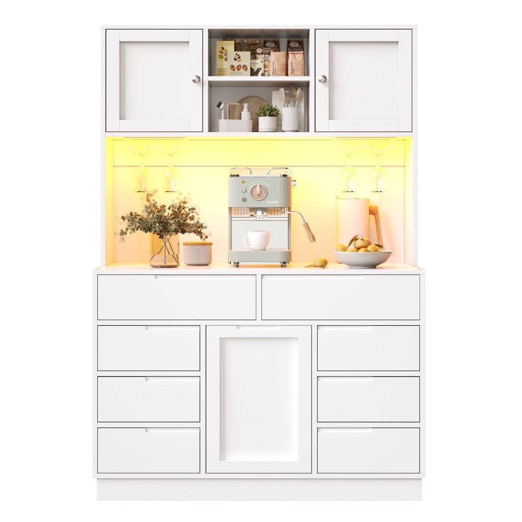 OKWISH Credenza Alta da Cucina con 8 Cassetti, Ripiani Regolabili, LED e Chiusura Magnetica, Bianco, 120×40×183.5 cm
