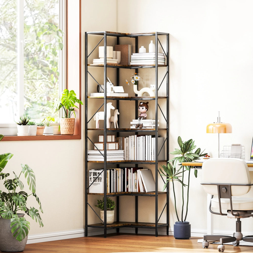 Libreria Angolare Stile Industriale a 7 Livelli 60x60x198 cm in Legno e Acciaio Marrone Rustico