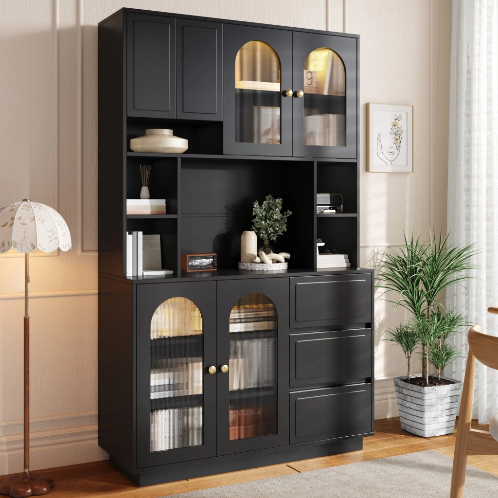 Credenza alta da cucina con LED controllabile tramite app; 106x30x175 cm; nera