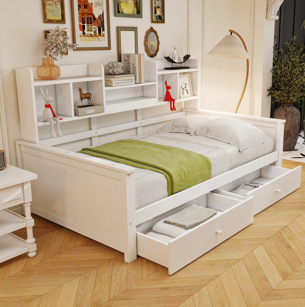 Divano letto singolo 90x200 cm in legno massiccio bianco con 2 cassetti e vani portaoggetti