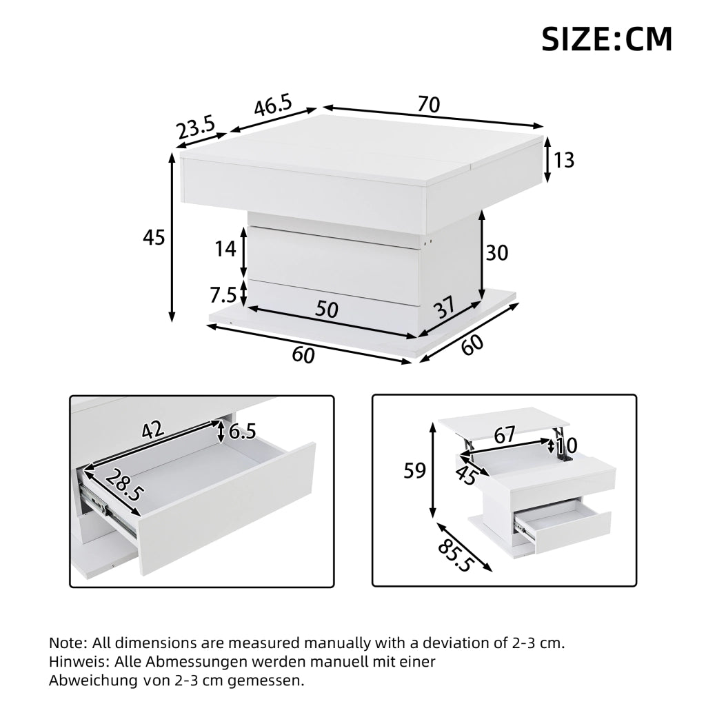 Tavolino da caffè 70x70x45 cm; piano ribaltabile e girevole 360°; pannello truciolare bianco