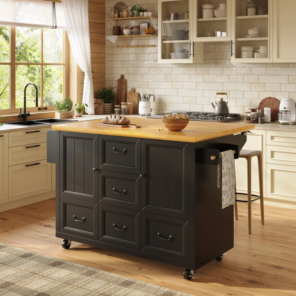 Isola da Cucina con 2 Ante; 5 Cassetti; Piano Ribaltabile; Ruote e Portasciugamani; in MDF e Metallo; Nero