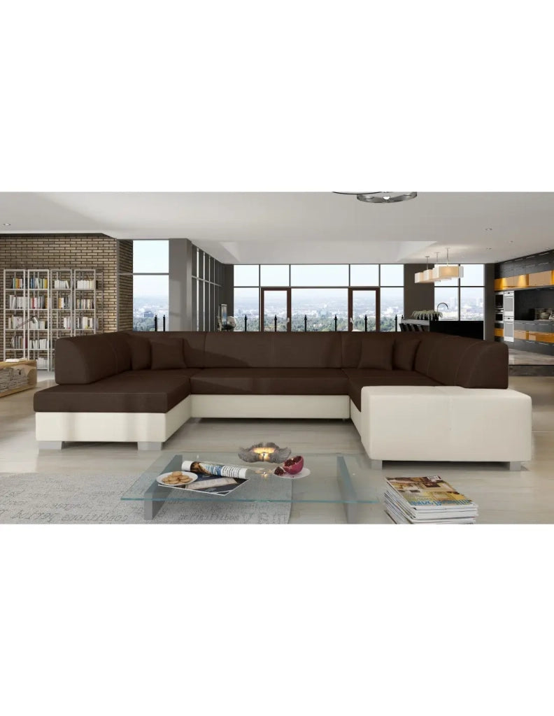 Divano panoramico a U Marrone & Bianco convertibile 6 posti HAVANA per grande salone