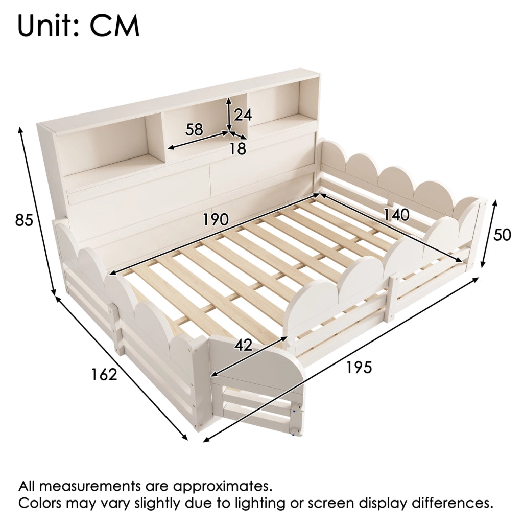 Letto a terra per bambini 140x190 cm in legno bianco con sponda; porta e ripiani