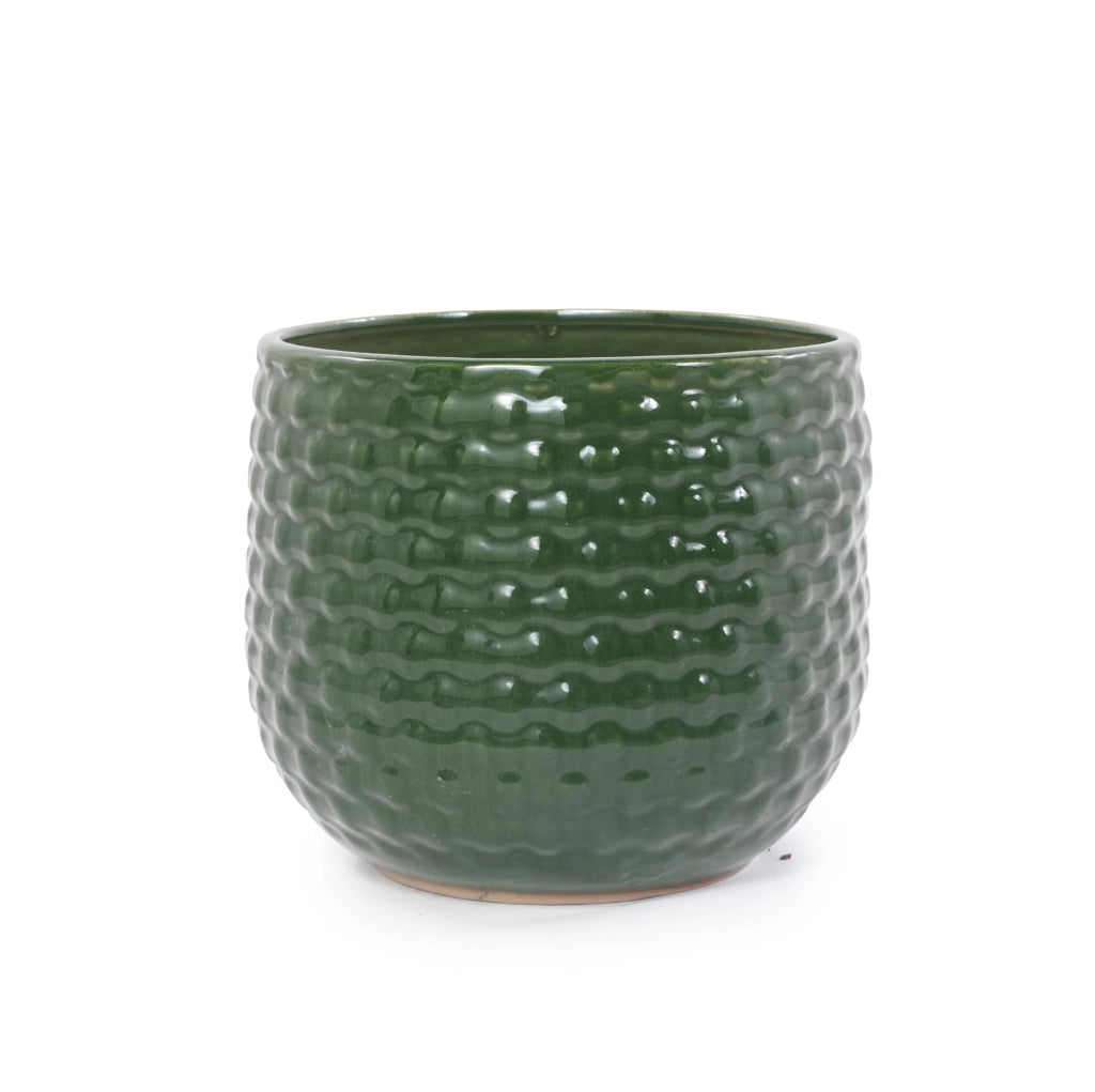Set di 3 Vasi da Giardino in Ceramica Artigianale Ø 23/17/12 cm, Verde Scuro Lucido con Rilievi a Punti, con Fori di Drenaggio