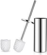 Set di spazzole per il water con asta di sostegno standard, composto da 2 teste di spazzola per il water bianche e asta di sostegno in acciaio inox cromato argento.