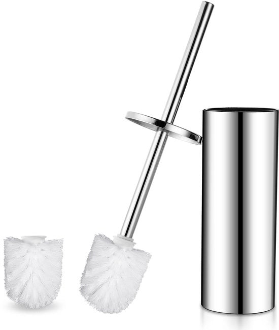 Set di spazzole per il water con asta di sostegno standard, composto da 2 teste di spazzola per il water bianche e asta di sostegno in acciaio inox cromato argento.