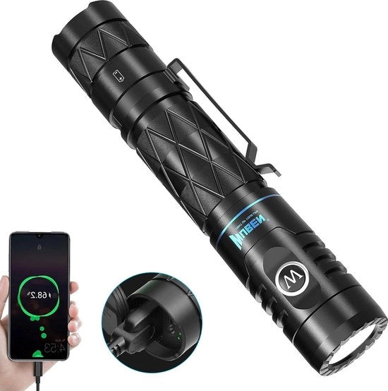 Zaklamp LED estremamente luminoso 1200 lumen caricabile via USB - Funzione di ricarica powerbank - IP68 impermeabile all'acqua - Tactica 6 modalità - Camping outdoor nero