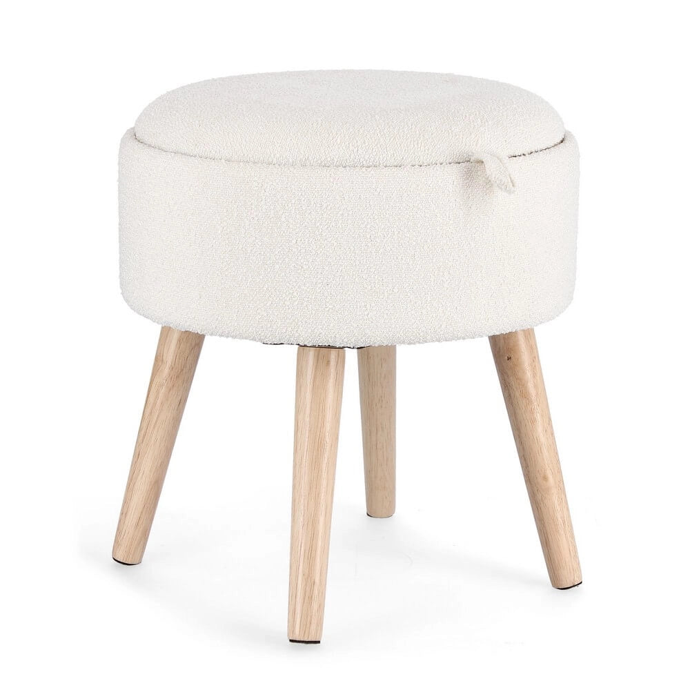 Sgabello contenitore rotondo bouclé bianco con vassoio in legno - BRIAR