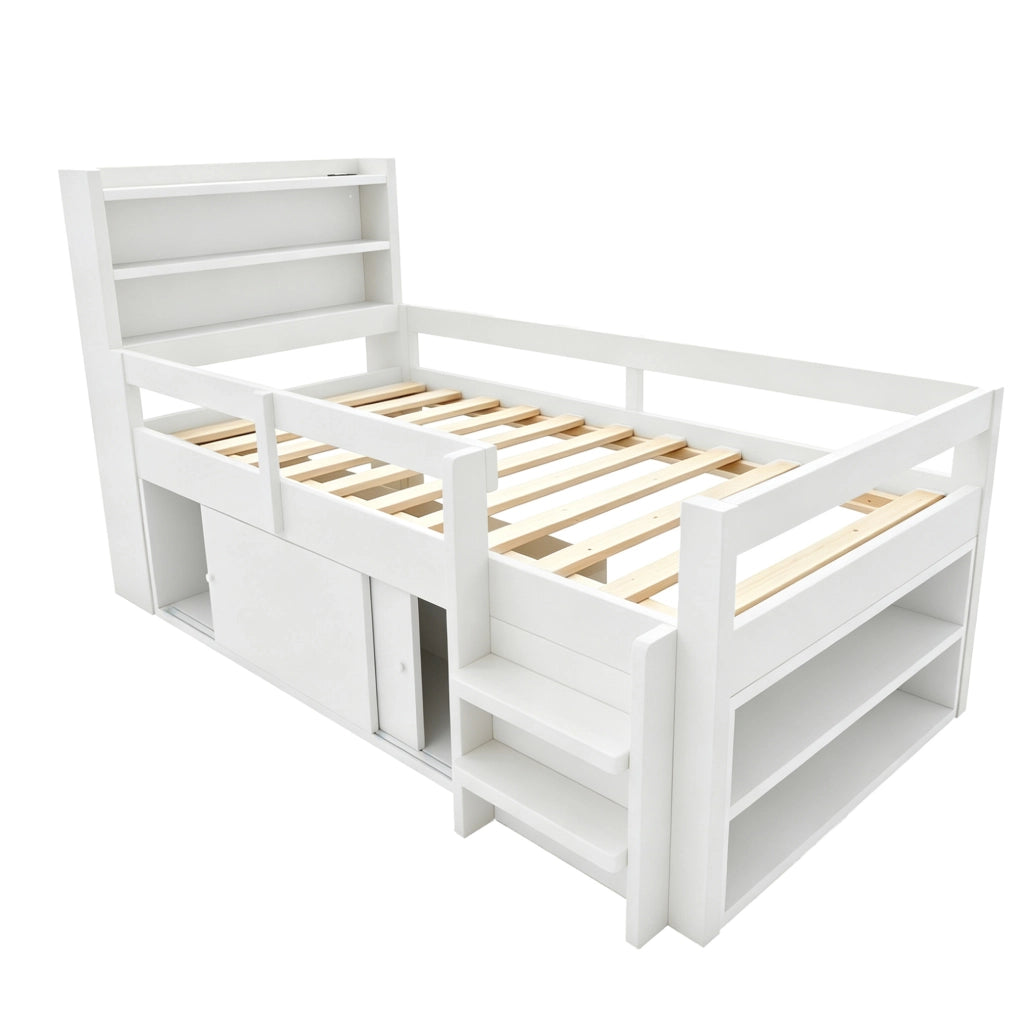 Letto multifunzione per bambini 90x200 cm in legno bianco con LED; USB e vani contenitore