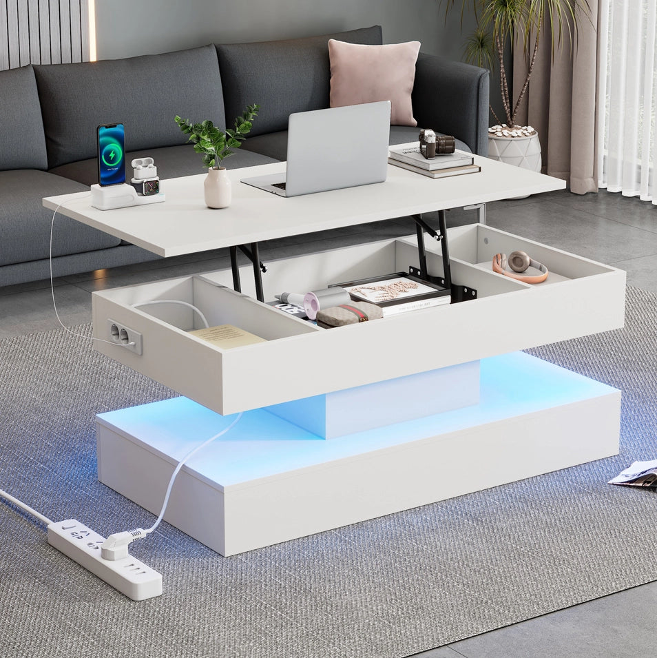 Tavolino da caffè 100x50x42 cm con piano sollevabile; LED e vano nascosto in truciolato bianco
