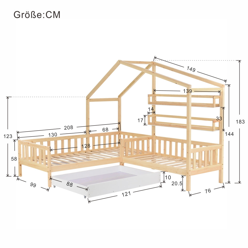 Letto a casa per bambini con cassetti e mensole in legno massello naturale 90x200 cm+140x70 cm