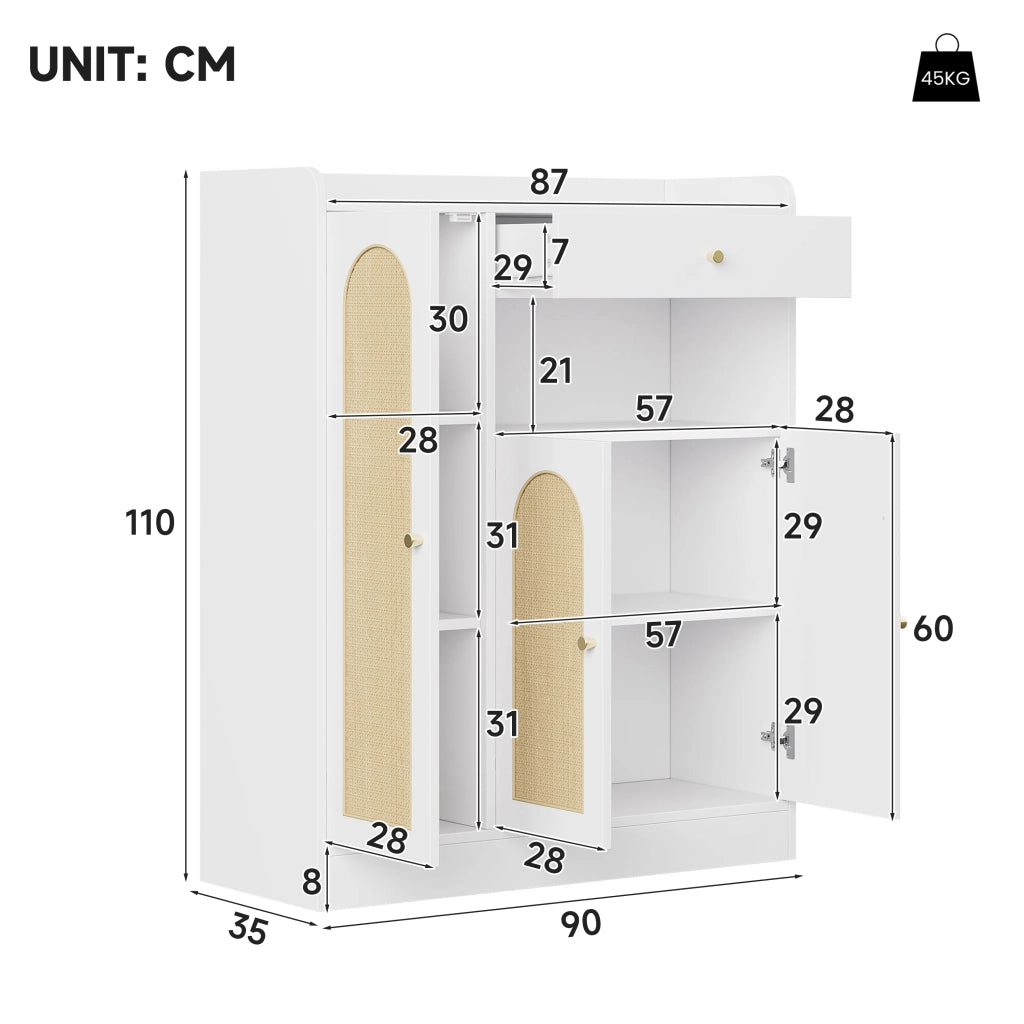 Mobile portascarpe moderno in rattan con 3 ante, 1 cassetto e ripiani regolabili, struttura in MDF/ truciolare, 90 x 35 x 110 cm, bianco/naturale