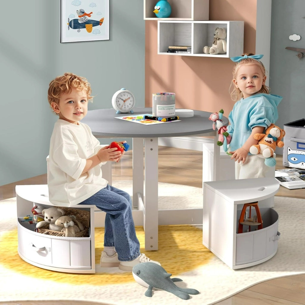 Set tavolo e sedie per bambini a 5 pezzi, Tavolo rotondo con 4 sgabelli e ripiano e 4 cassetti in tessuto Grigio e Bianco