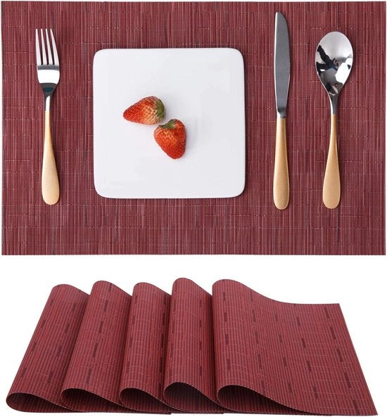 Set di piatti da tavola da 6, piatti da tavola in vinile tessuti lavabili termoresistenti antiscivolo adatto a cucina famiglia ristorante caffetteria (rosso)