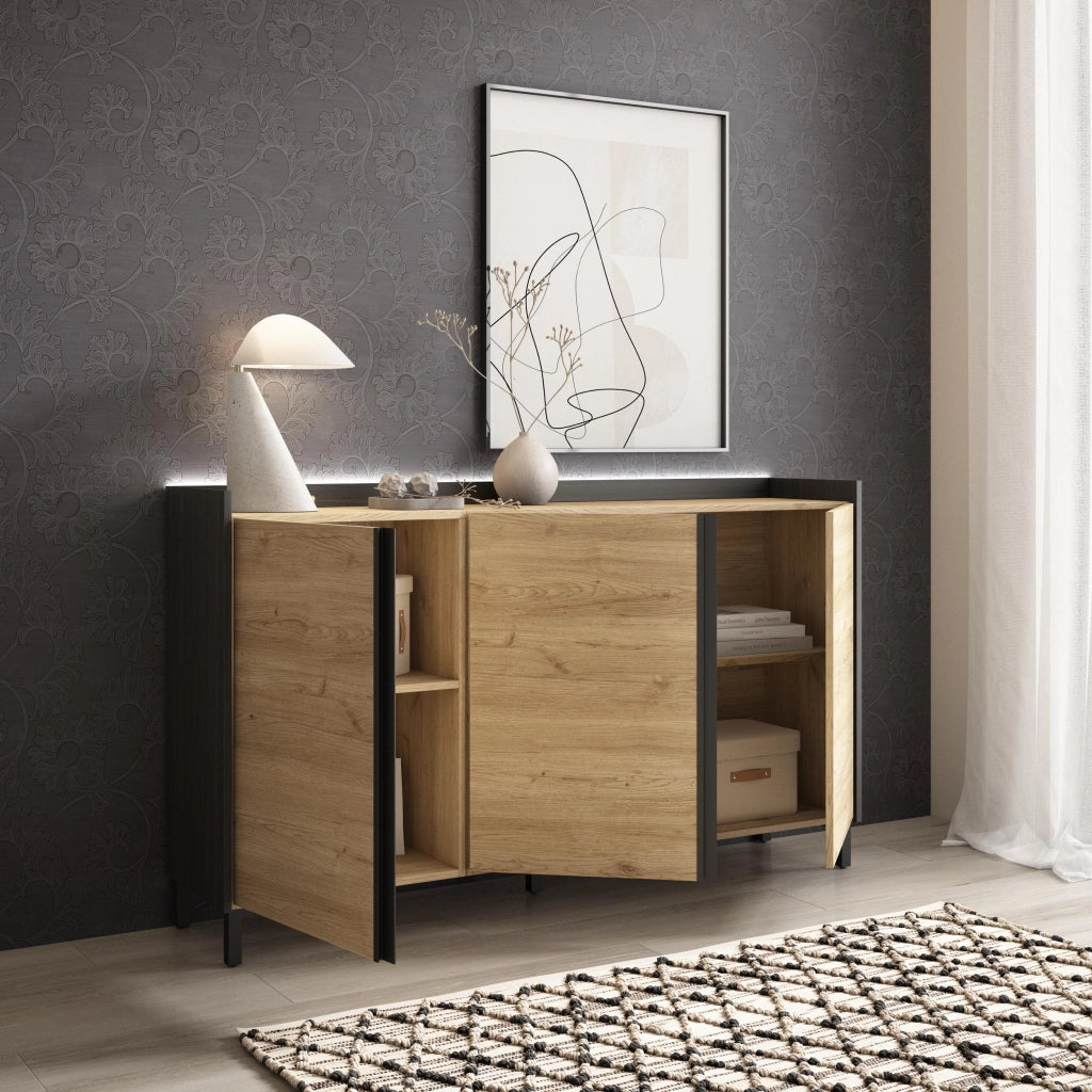 Credenza, Mobile, Cucina, 156x91x35 cm, 3 Porte, Design industriale, LED, Rovere e nero