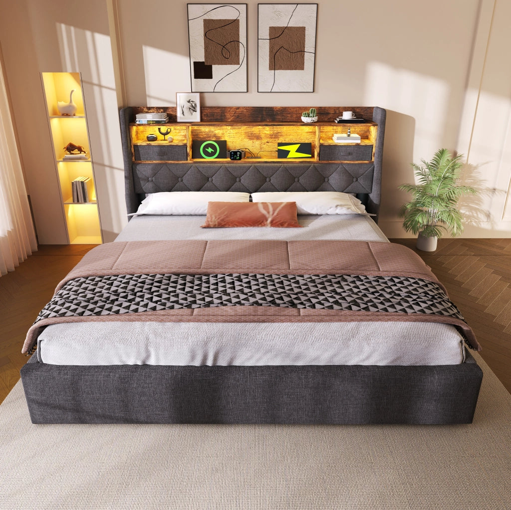 Letto matrimoniale imbottito 180x200 cm in lino grigio con contenitore; LED e ricarica USB/Type-C