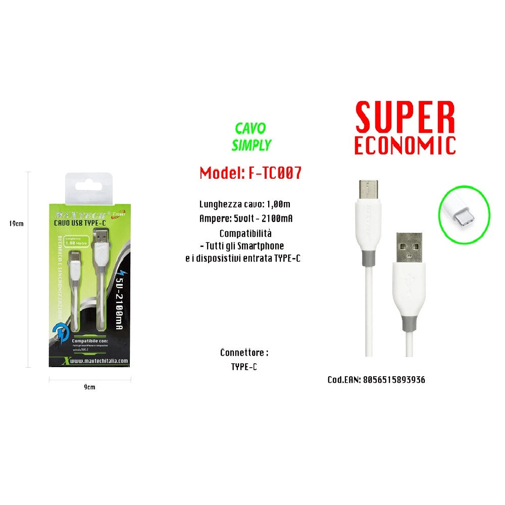 Trade Shop - Maxtech Cavo Usb Simply Type-c Compatibile Per Smartphone 5volt - 2100ma F-tc007 -