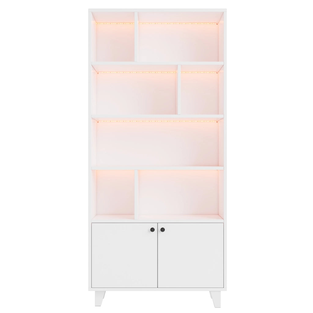Libreria 80 x 30 x 173 cm con luci LED, 7 scomparti, ante doppie e struttura in MDF con piedi in legno massello