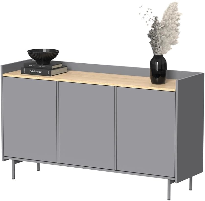 Credenza Velina, Grigio/quercia, 140 x 82 cm con 6 scomparti