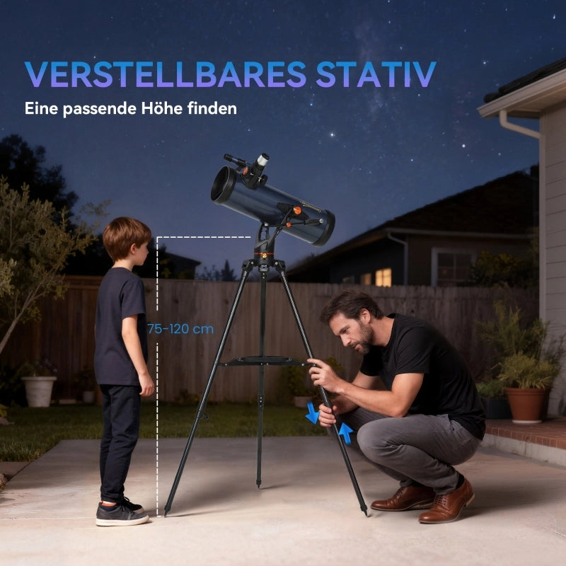 Telescopio riflettore, obiettivo da 114 mm, 2 oculari, cercatore, alluminio, blu scuro