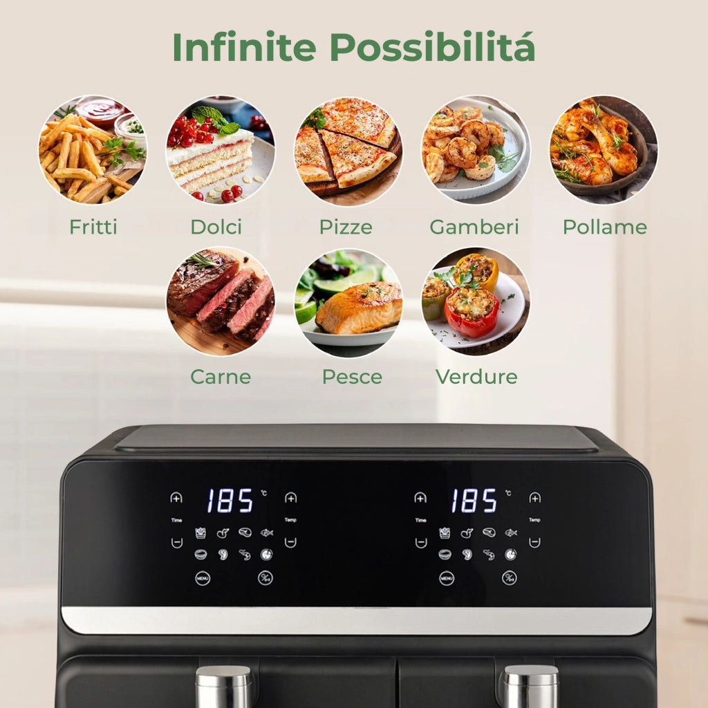 Friggitrice ad Aria 9L Doppio Cestello Digitale XXL, 2 Zone di Cottura Indipendenti, Display LED Touch, 8 Programmi, Temperatura Regolabile, 2400W, Nero 9 Litri - Nero