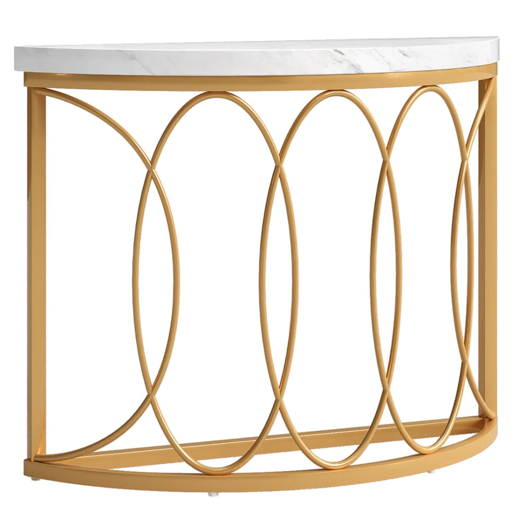 Consolle con piano ovale e struttura metallica; per ingresso; in MDF; oro e bianco