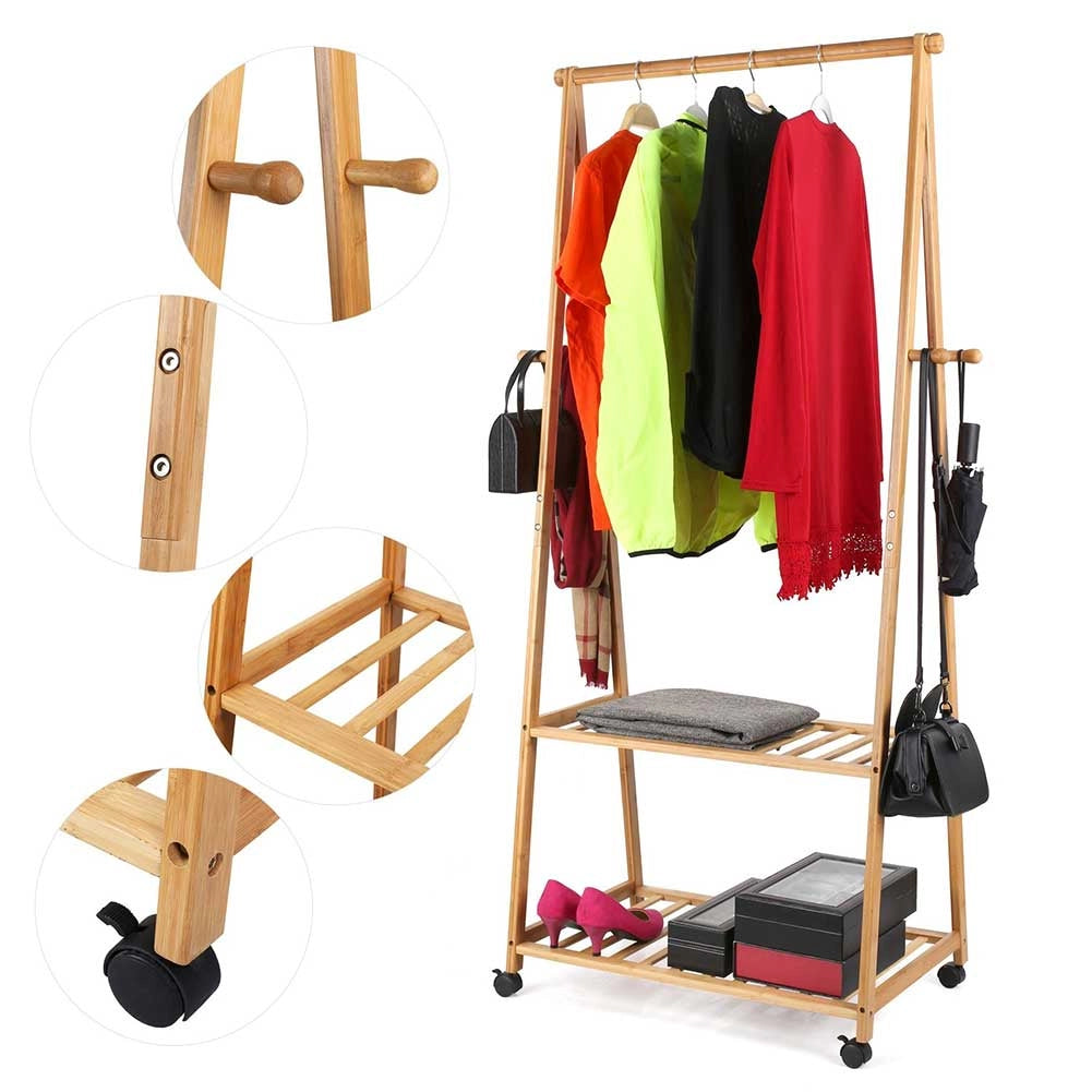 Stand Appendiabiti in Legno di Bambu 70x33x153cm Camera Letto Ruote 2 Ripiani