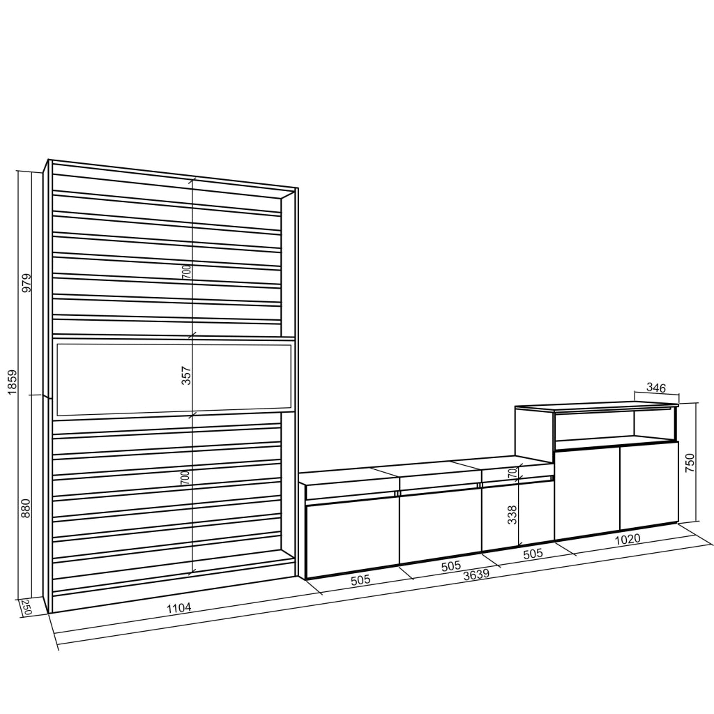 Mobile TV, Soggiorno, 360x35x186cm, Per TV fino a 65", Camino elettrico, Bianco e nero RF3187