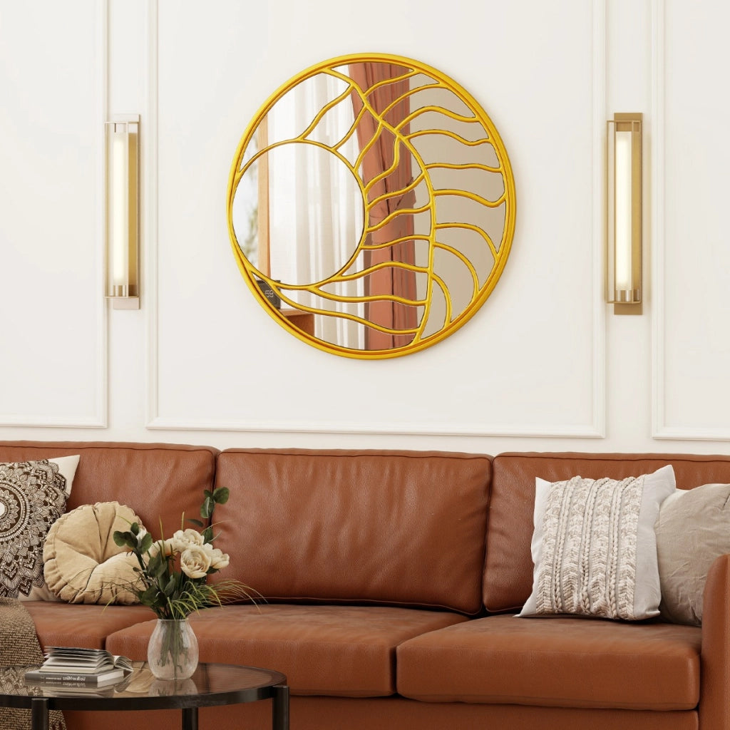 Specchio decorativo da parete rotondo grande 80 cm con cornice irregolare, Specchio da parete per soggiorno camera da letto Oro-Specchi da parete