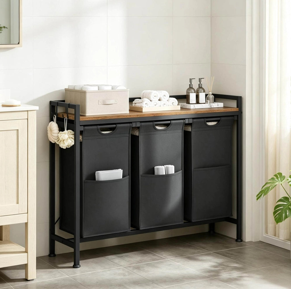 Mobile portabiancheria a 3 scomparti estraibili con ripiano e ganci per bagno e camera da letto