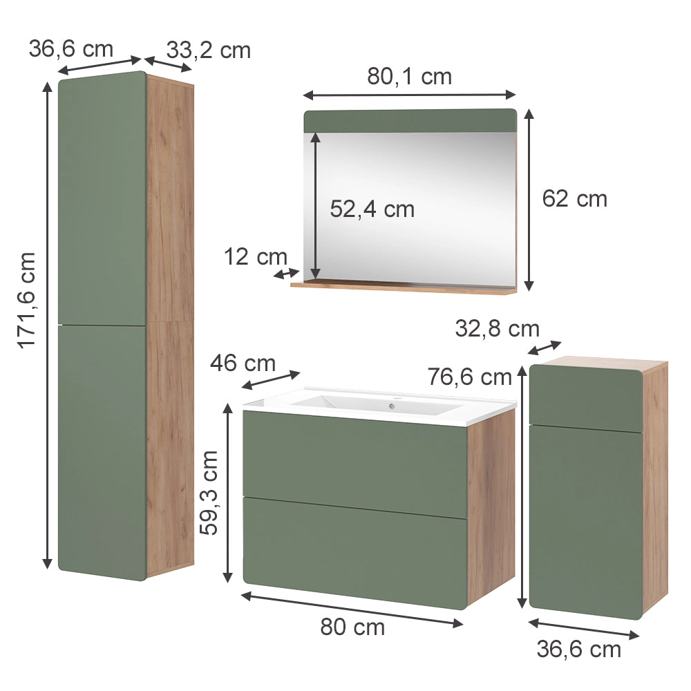 Vicco Set di mobili da bagno Goldkraft rovere/verde 5 pezzi con unità alta e midi