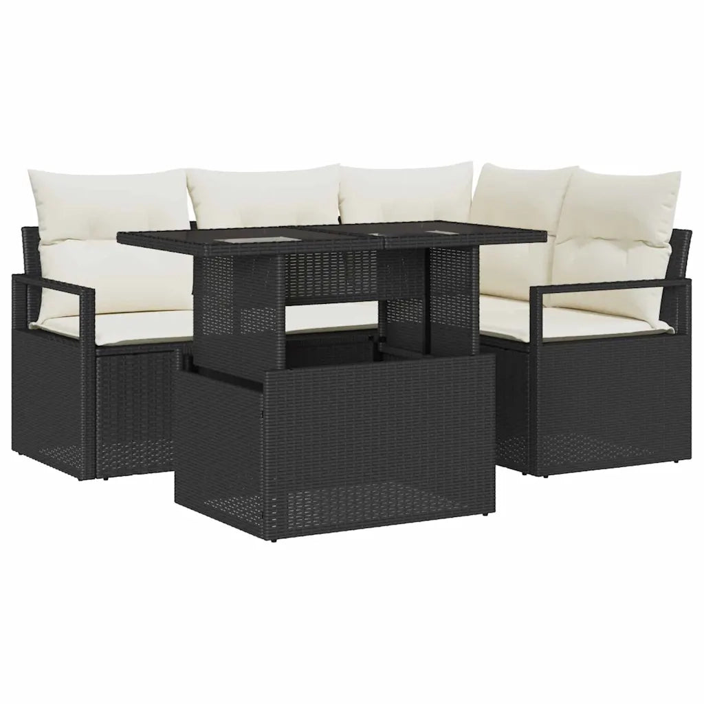 Set Divano da Giardino 5 pcs Nero e crema polyrattan