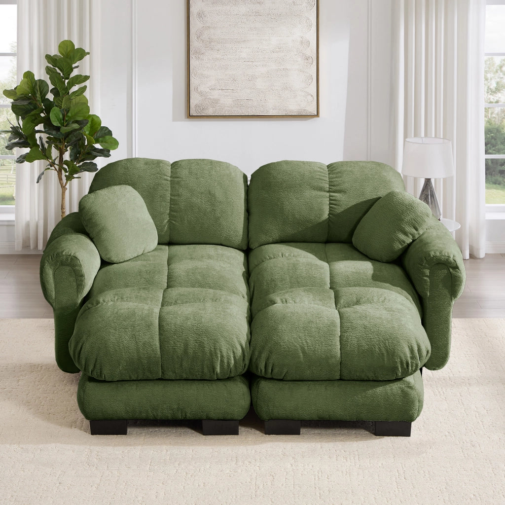 Divano modulare 2 posti con pouf mobile e cuscino, seduta trapuntata, Chenille, Verde, 190 × 149 × 90 cm