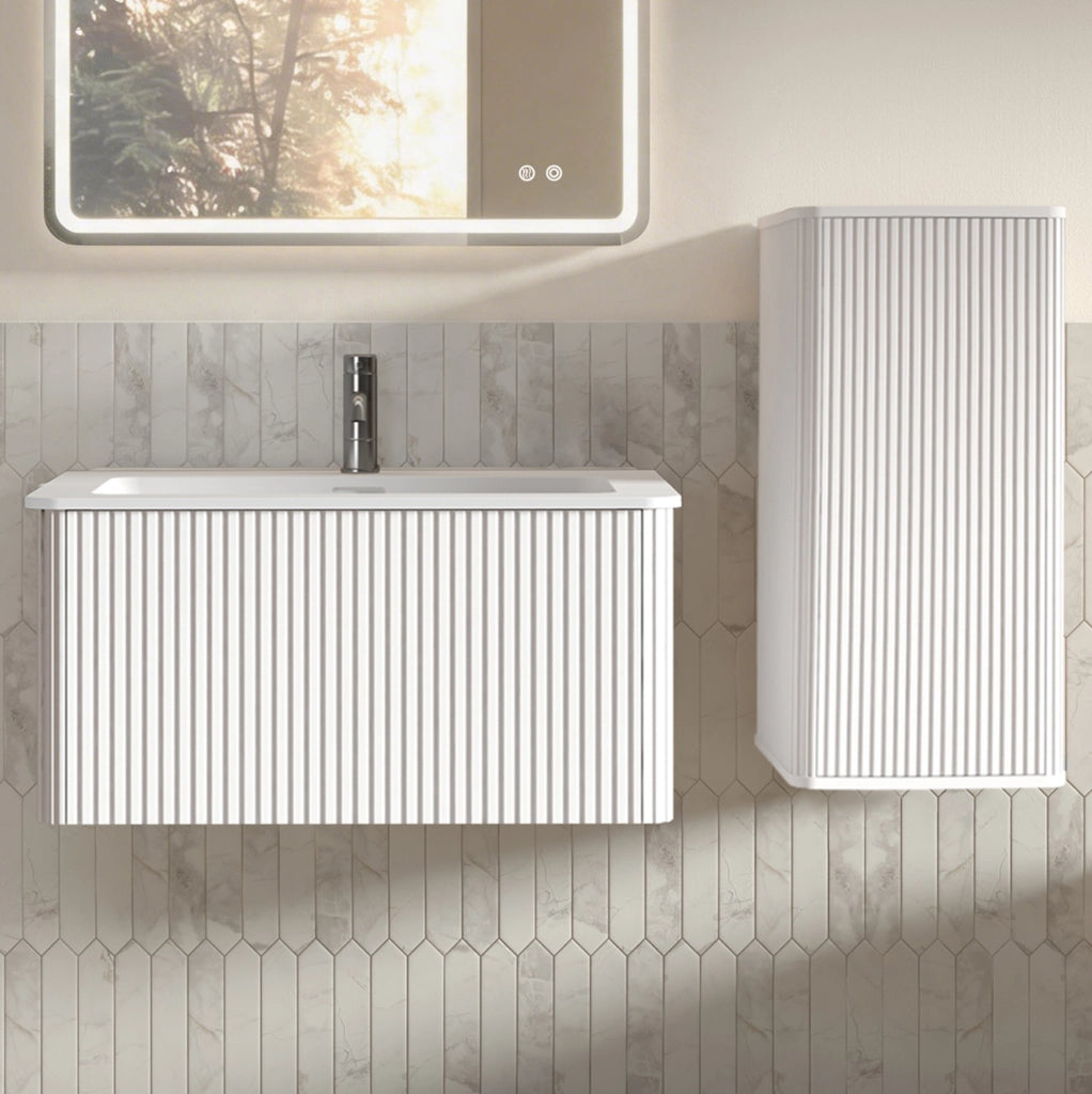 Set mobili bagno bianco sospeso con lavabo e colonna in MDF