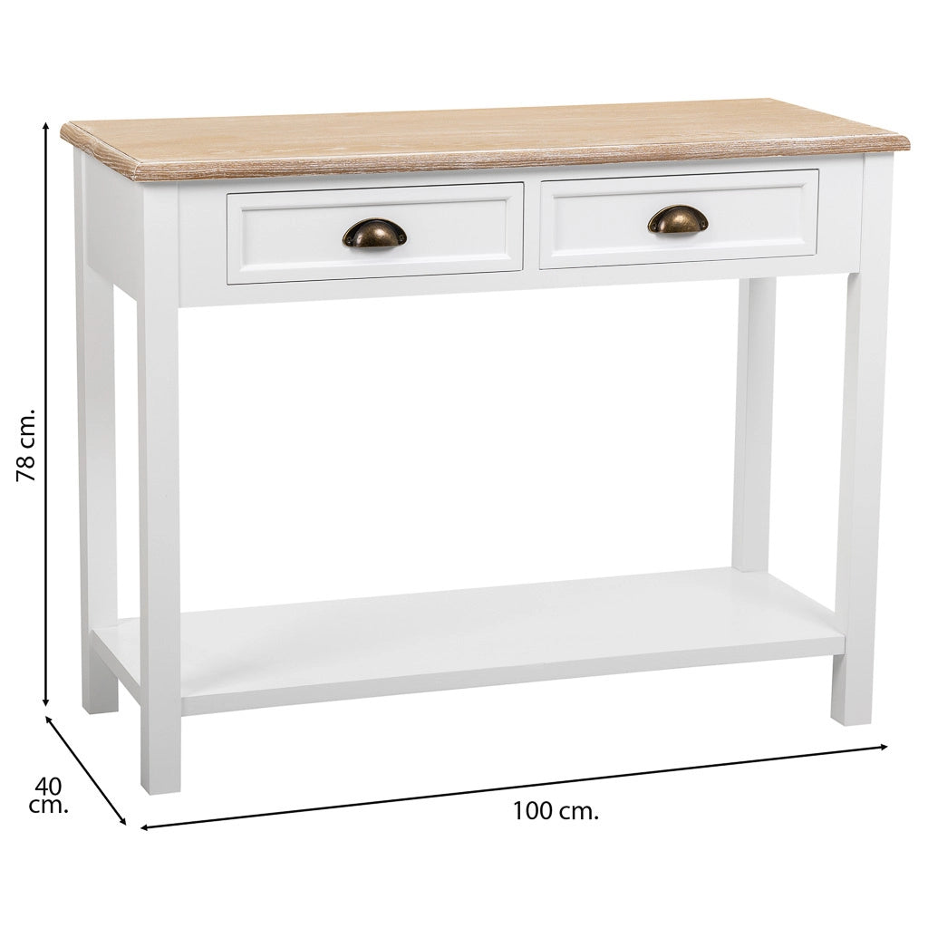 Mobile da ingresso in legno con 2 cassetti e 1 ripiano bianco 100x40x78