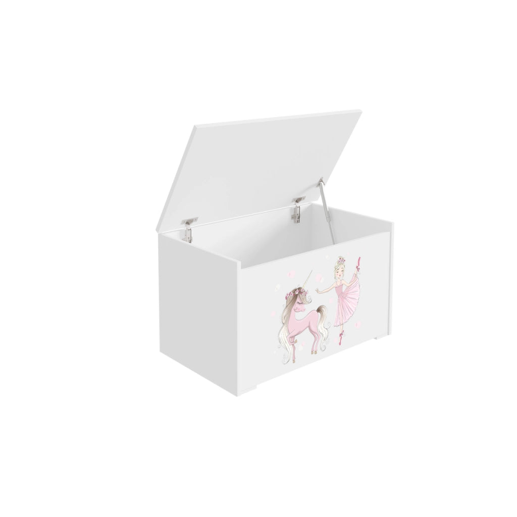 Cesta porta giochi Daria in legno bianca con Unicorno