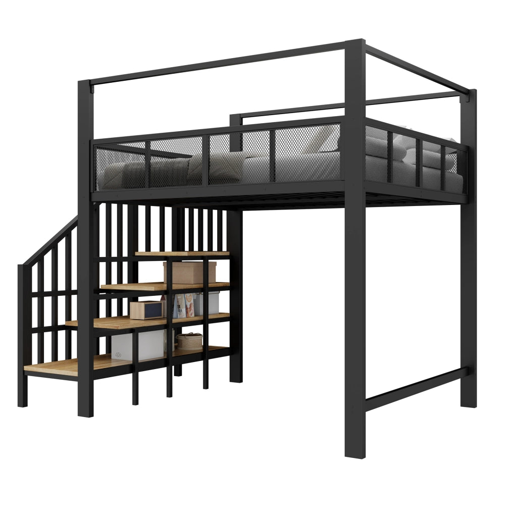 Letto a soppalco 140x200 cm con scala e baldacchino in metallo nero