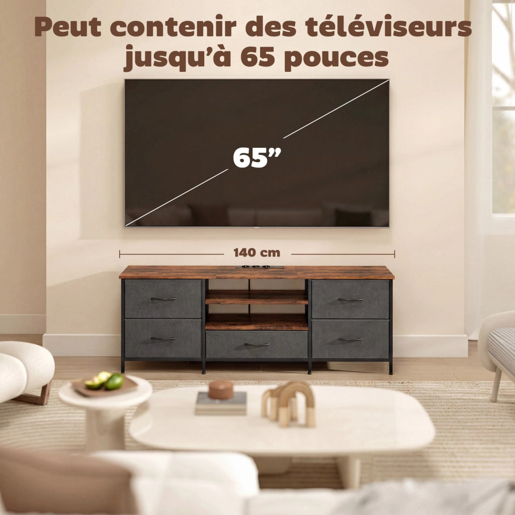 Mobile TV con 5 cassetti e stazione di ricarica ¨C zephmum ¨C marrone 140x30x50cm