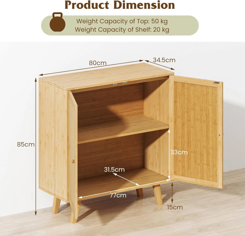 Credenza da cucina in bambù con 2 ante decorate in rattan, 80 x 34,5 x 85 cm, armadio a 2 livelli, stile boemo, mobile per sala da pranzo, soggiorno, camera da letto