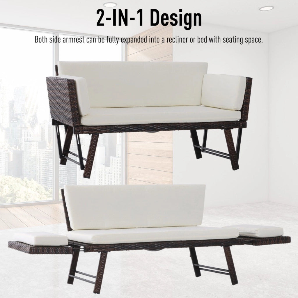 EasyComfort Divano 2 Posti con Braccioli Estensibili da Giardino Rattan 129x63x67cm Bianco, Marrone