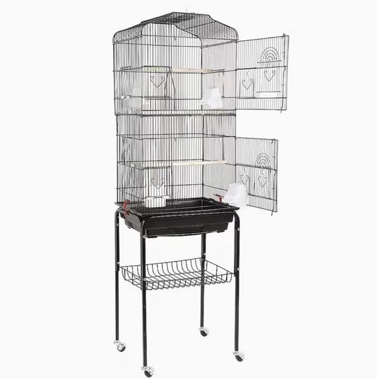 Casa per Uccelli con Ruote | Gabbia per Pappagalli e Uccelli con Spazio di Deposito e Base Rimovibile | Per Uso Interno ed Esterno | Metallo, Nero | 150,6 × 46 × 35,3 cm