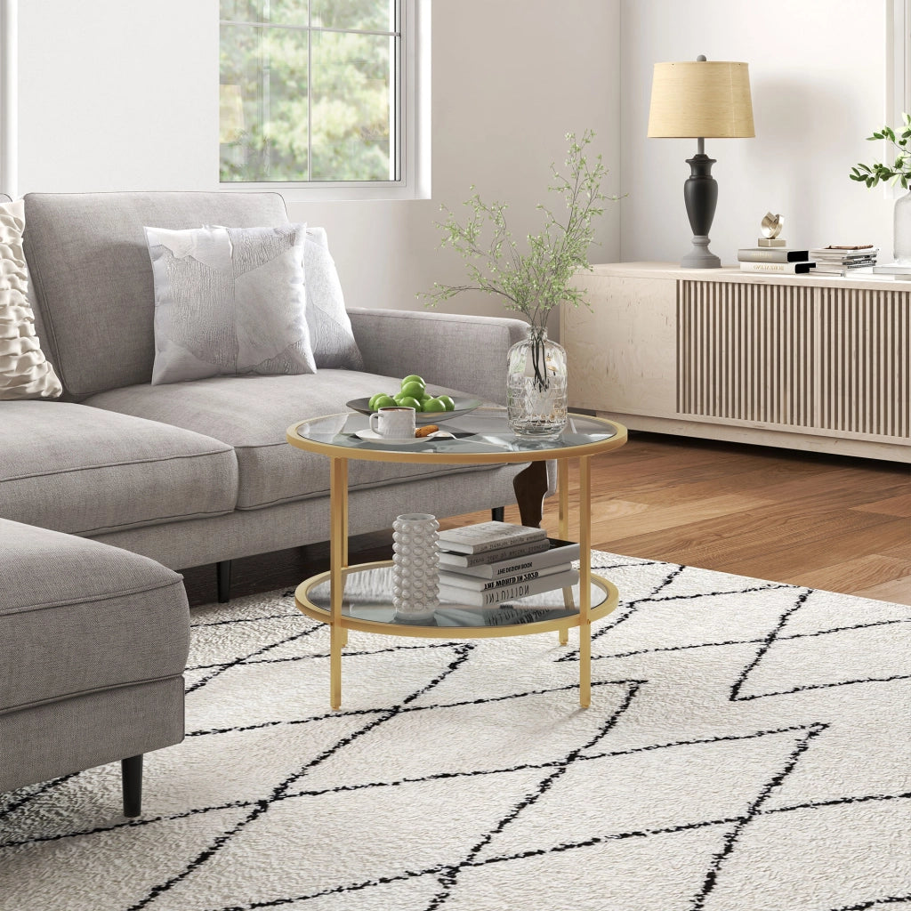 Tavolino da caffè rotondo con ripiano a 2 livelli - per soggiorno - in vetro - Ø60×43 cm - oro
